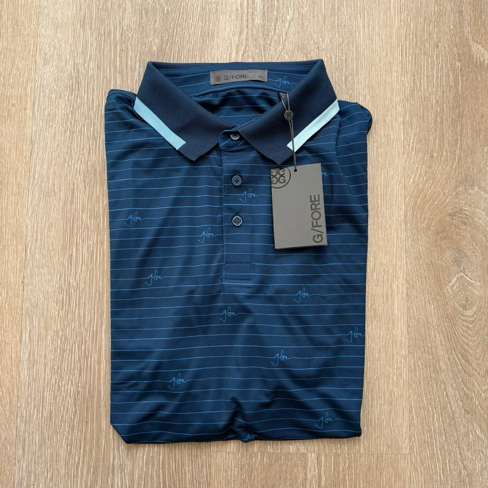 Men's Navy Striped Performance Polo Shirt by G/Fore - Picture 3 of 9
